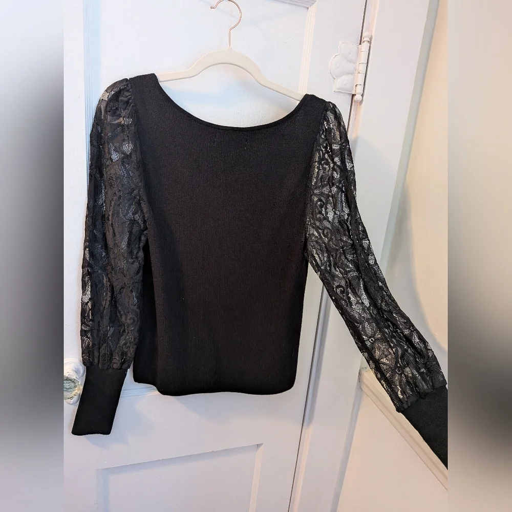 By Anthropologie Black Lace Long Sleeve Sleeve Sweater Top - Size M